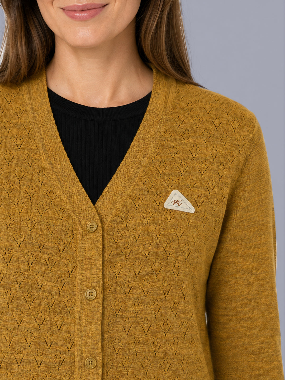 Women Mustard Self Design V Neck Full Sleeve Cardigan