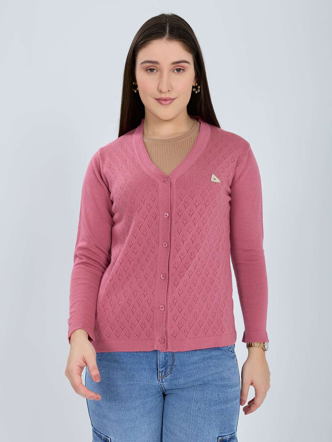 Women Pink Self Design V Neck Full Sleeve Cardigan