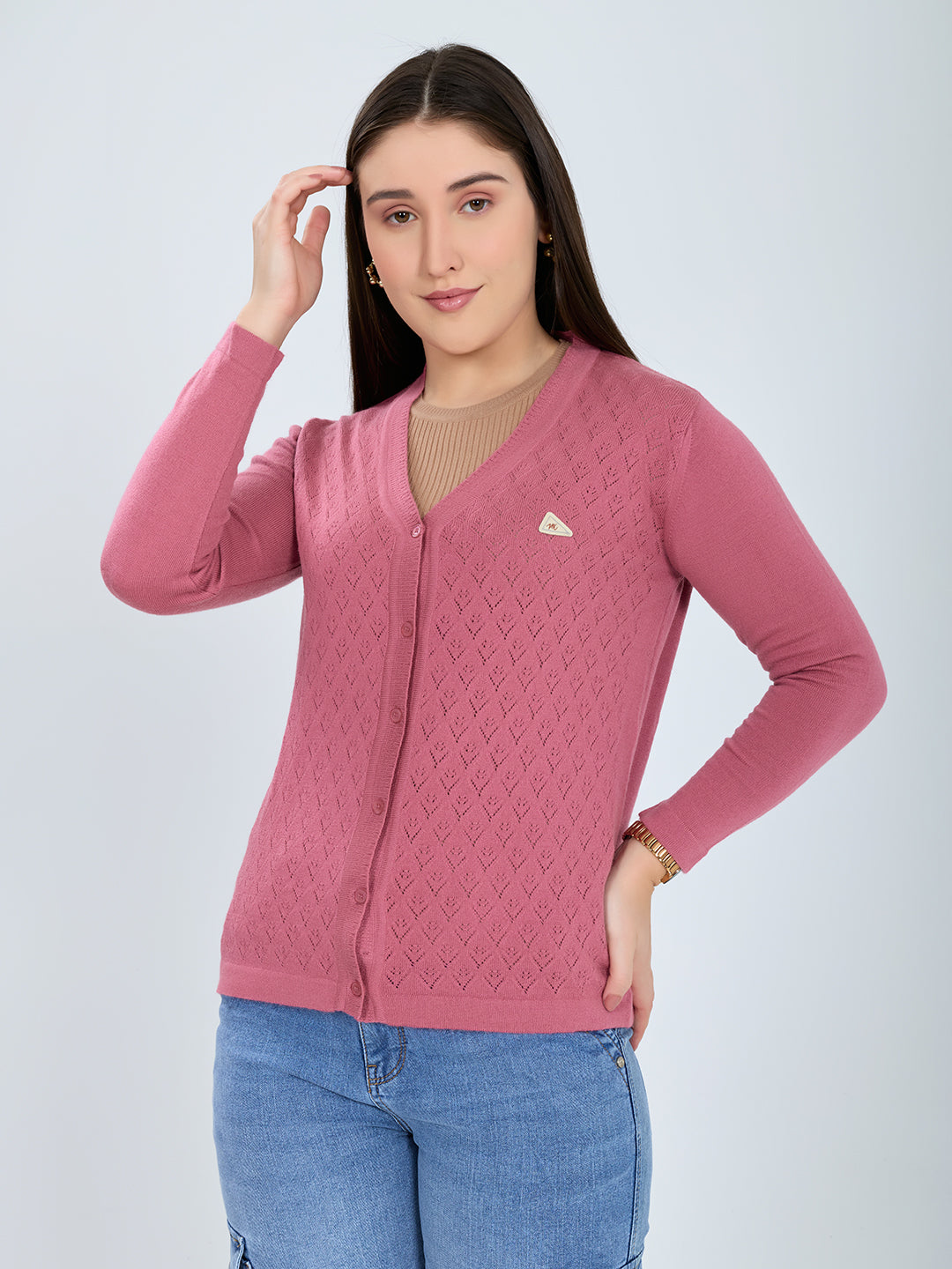 Women Pink Self Design V Neck Full Sleeve Cardigan
