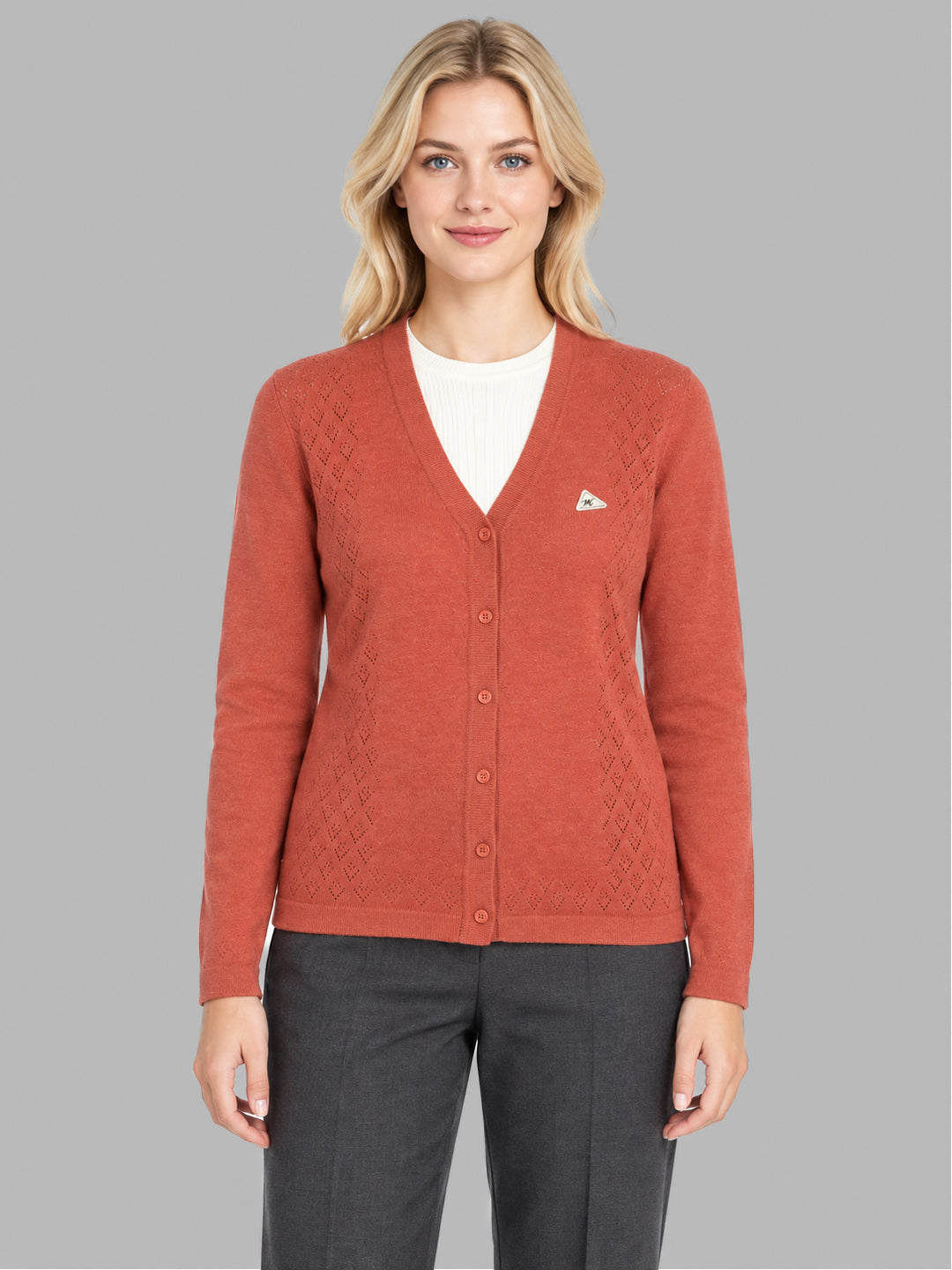 Women Orange Self Design V Neck Full Sleeve Cardigan