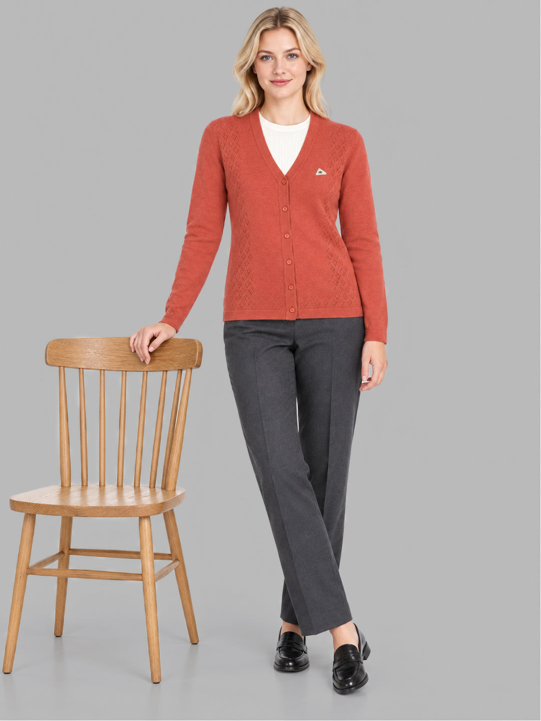 Women Orange Self Design V Neck Full Sleeve Cardigan