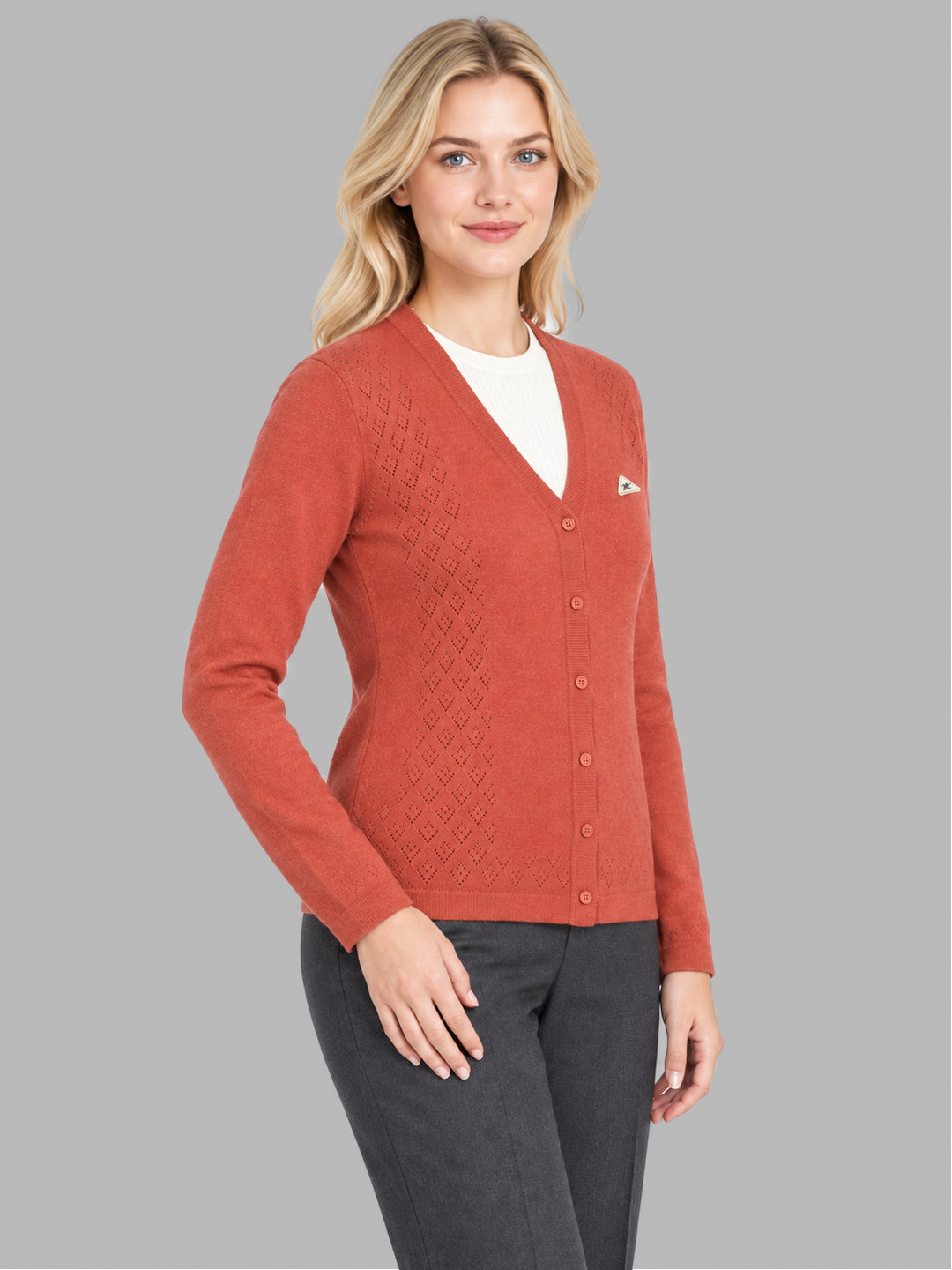 Women Orange Self Design V Neck Full Sleeve Cardigan