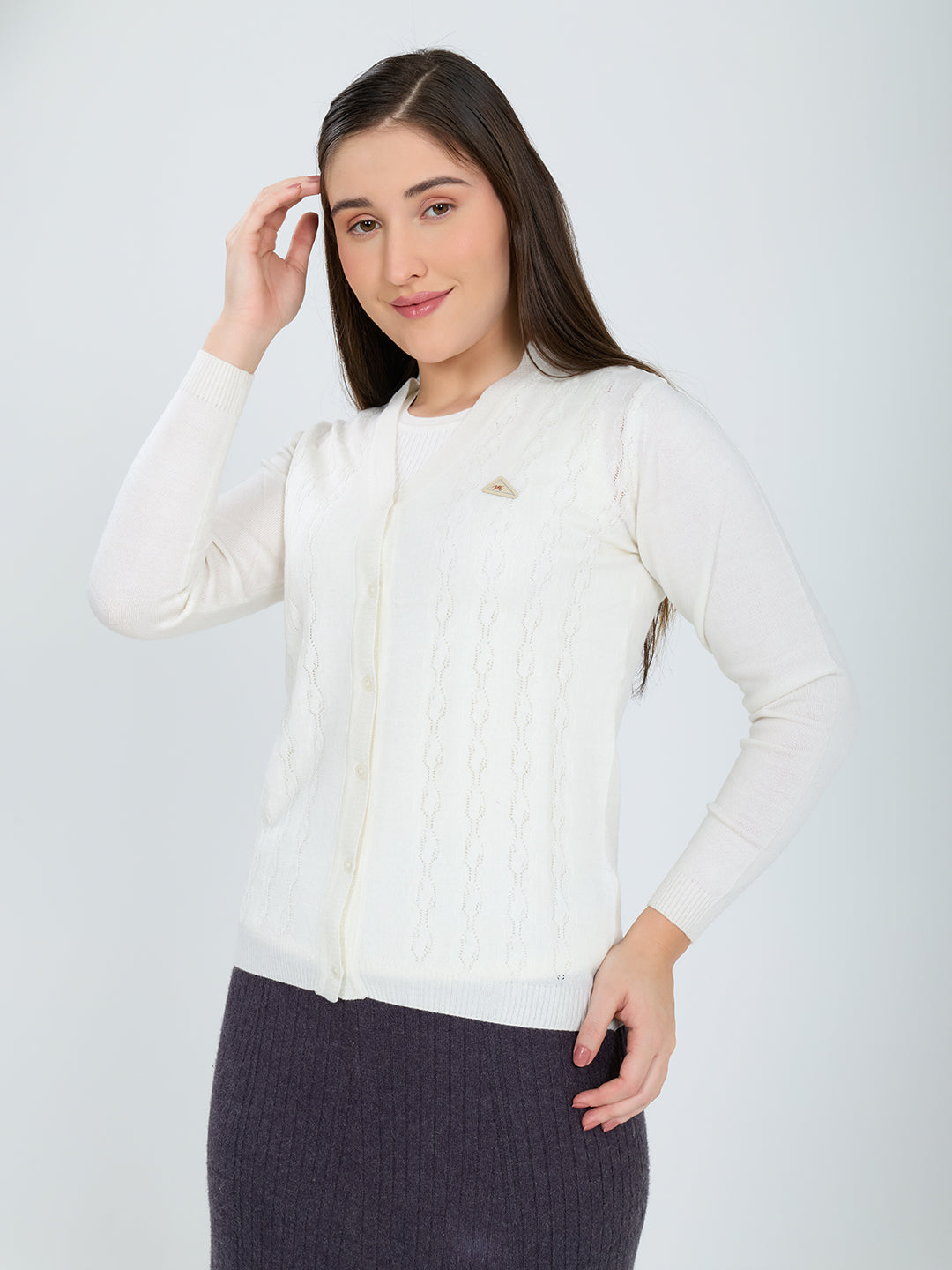 Women Off White Self Design V Neck Full Sleeve Cardigan