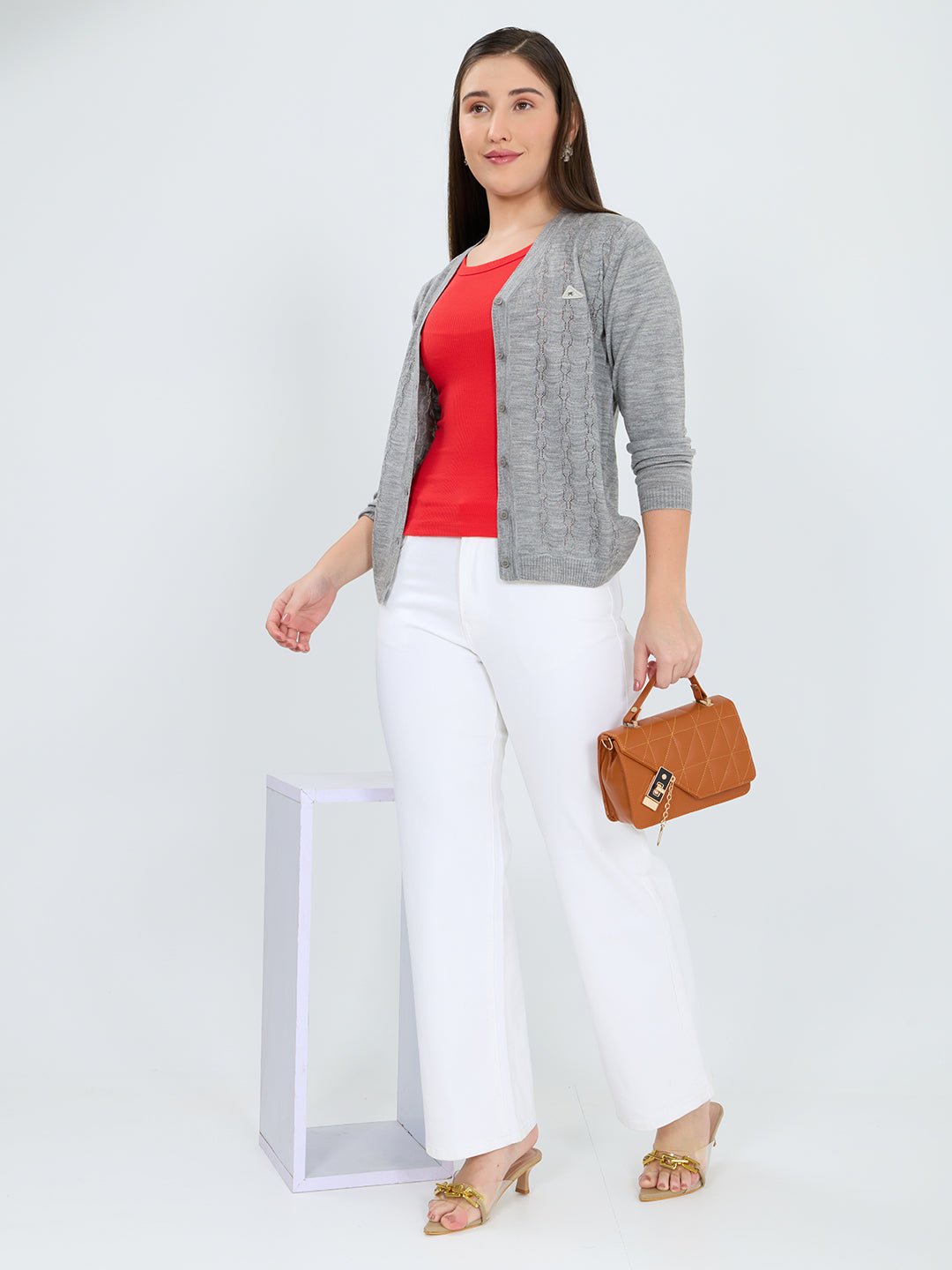 Women Grey Self Design V Neck Full Sleeve Cardigan