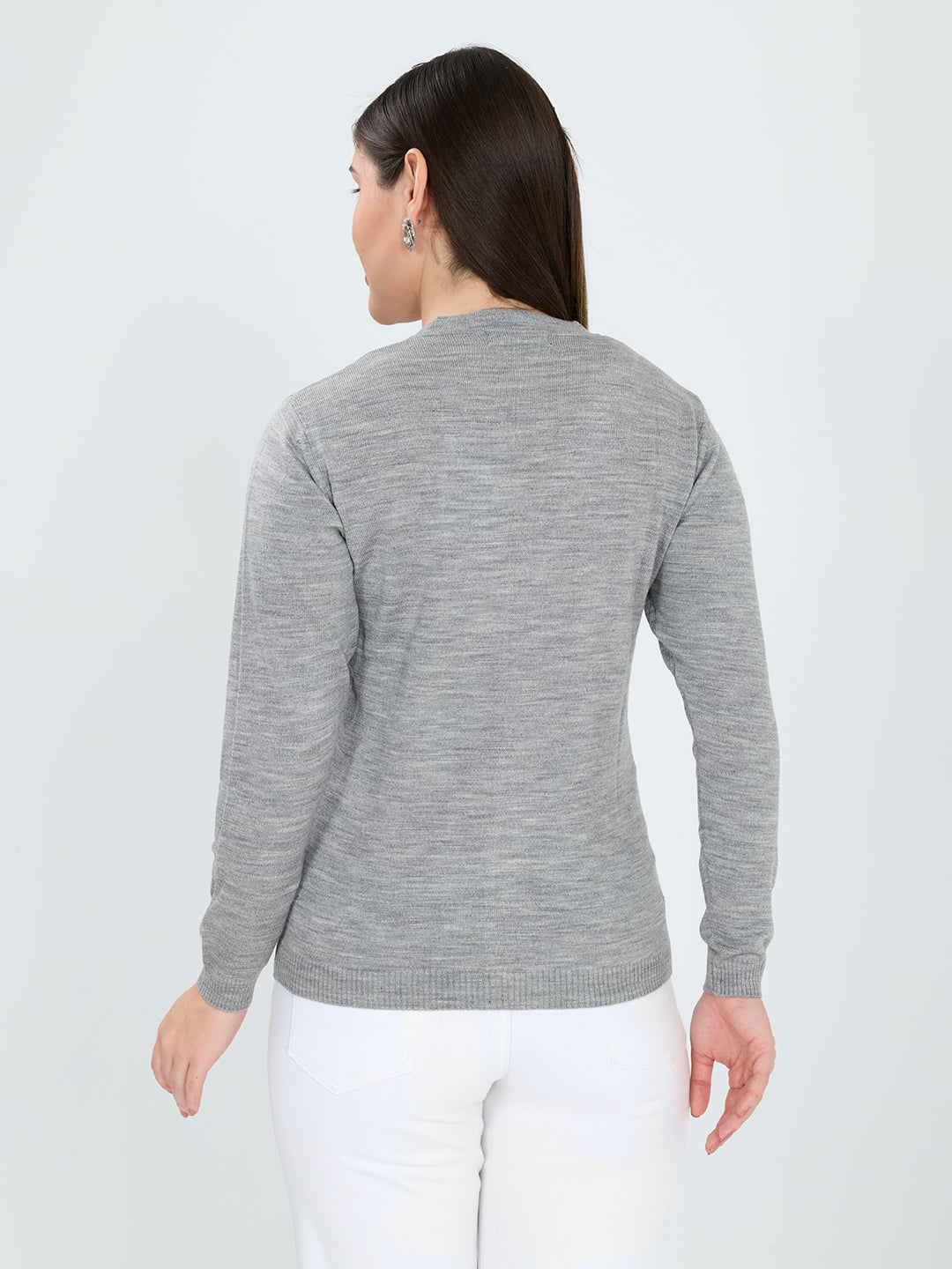 Women Grey Self Design V Neck Full Sleeve Cardigan