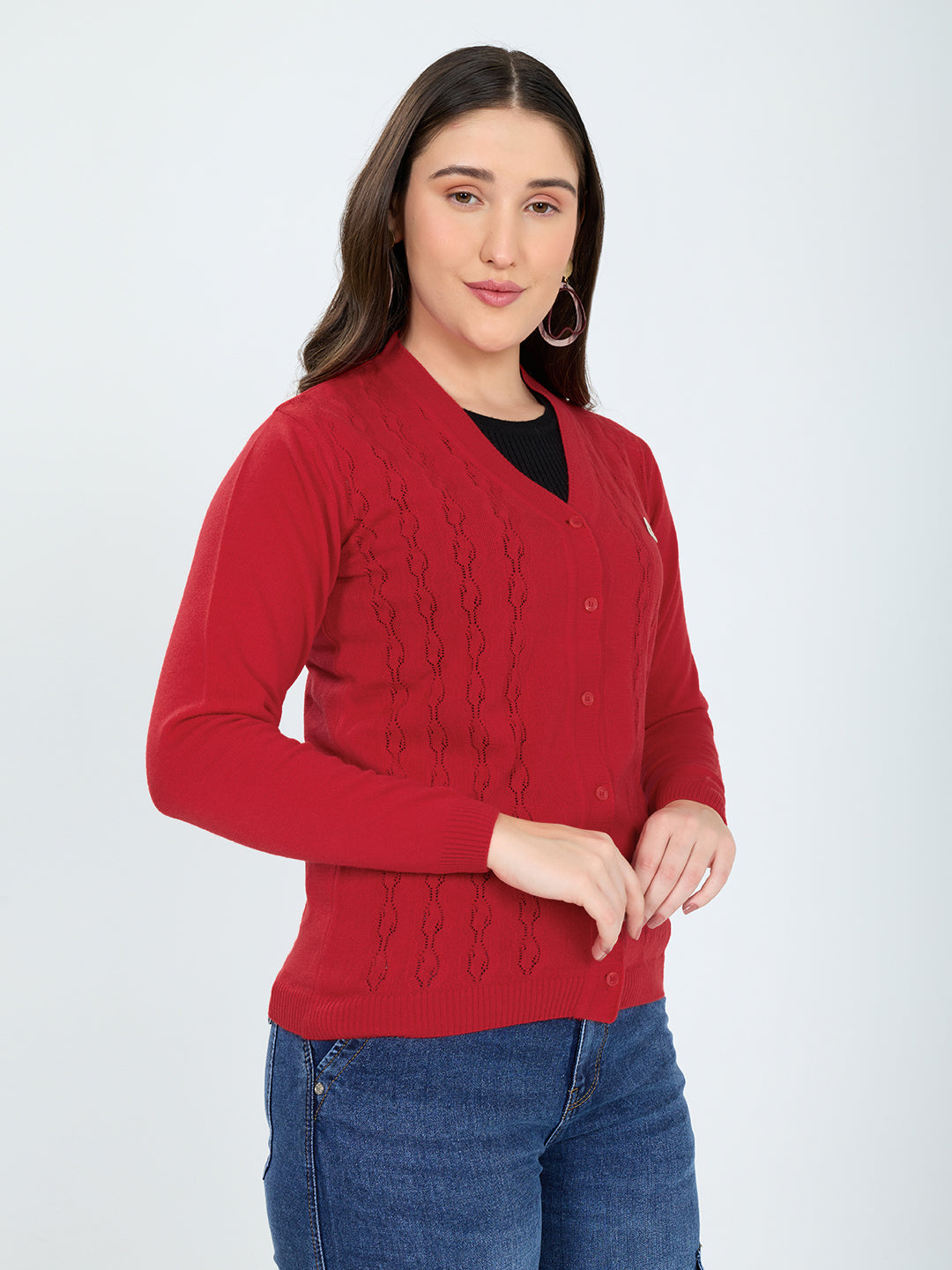 Women Red Self Design V Neck Full Sleeve Cardigan