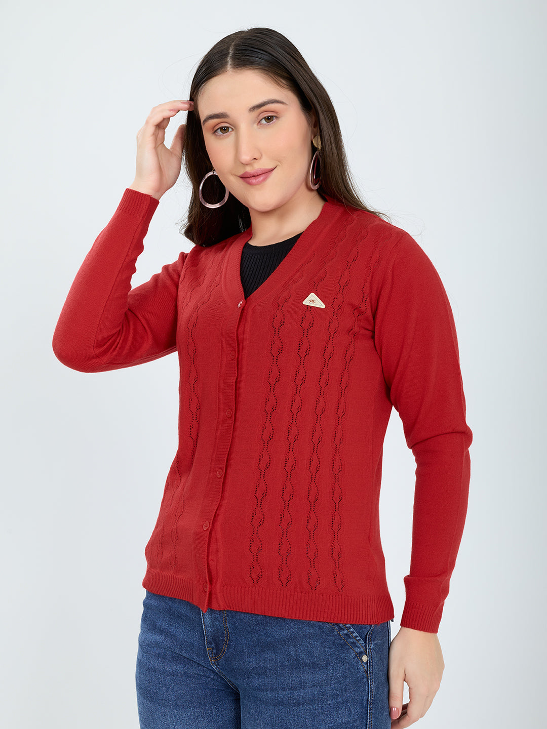 Women Red Self Design V Neck Full Sleeve Cardigan