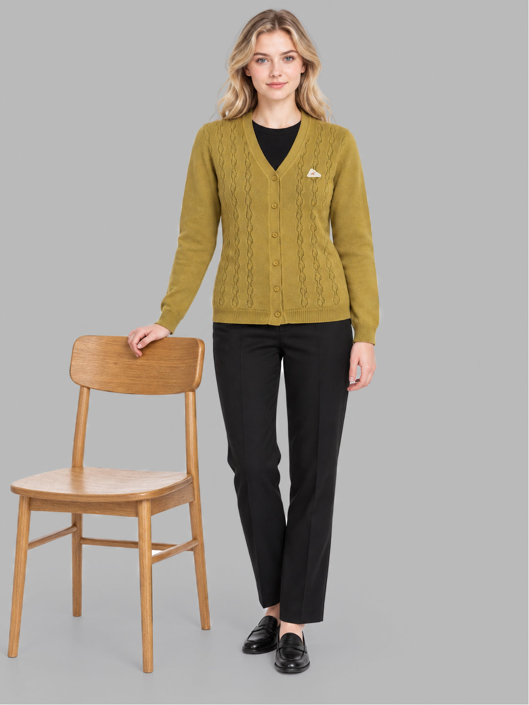 Women Mustard Self Design V Neck Full Sleeve Cardigan