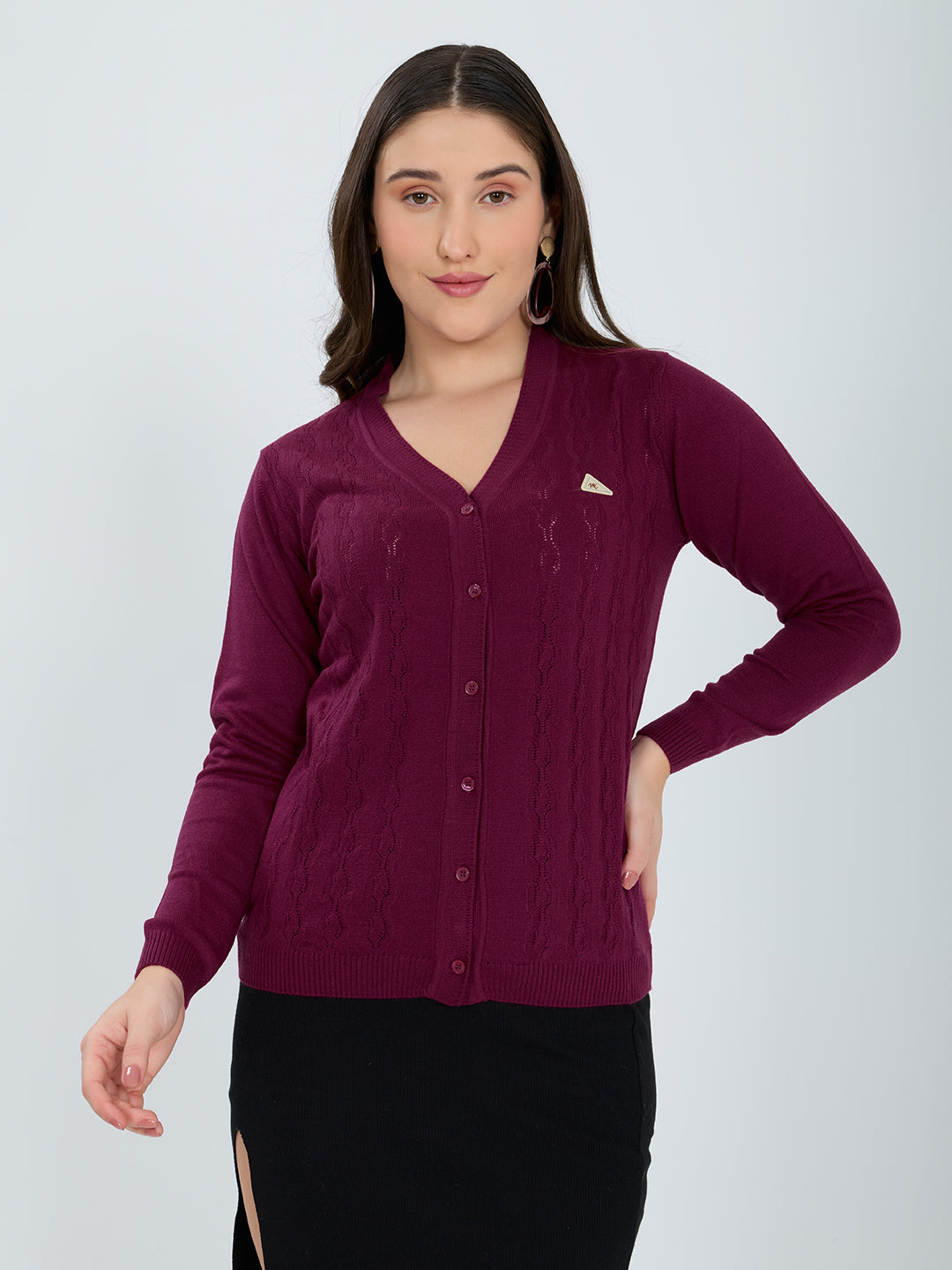Women Magenta Self Design V Neck Full Sleeve Cardigan