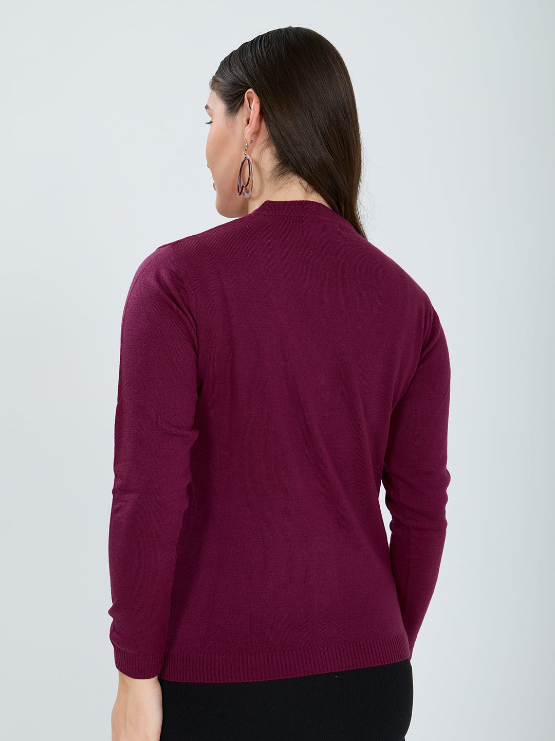Women Magenta Self Design V Neck Full Sleeve Cardigan