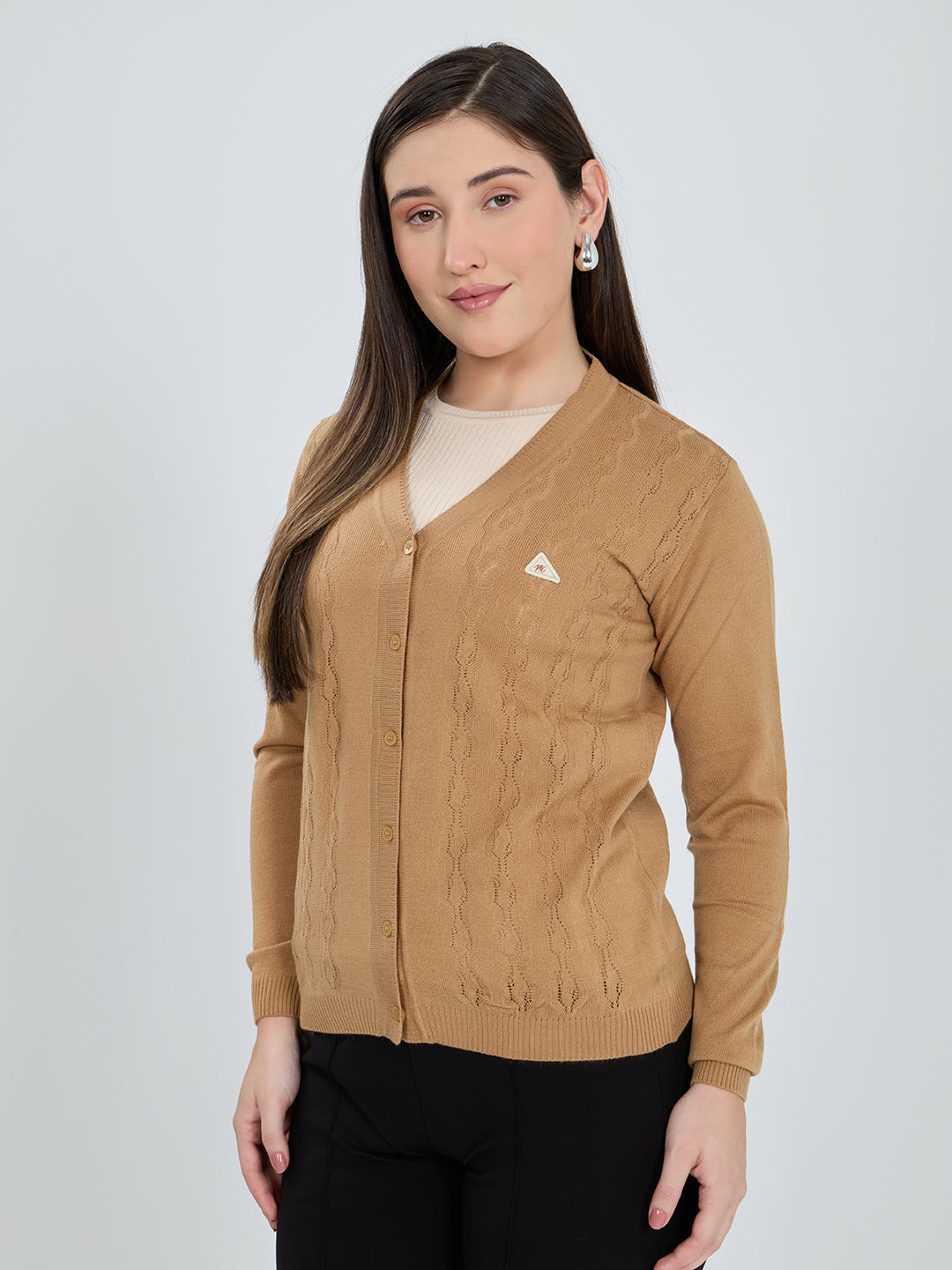 Women Camel Brown Self Design V Neck Full Sleeve Cardigan