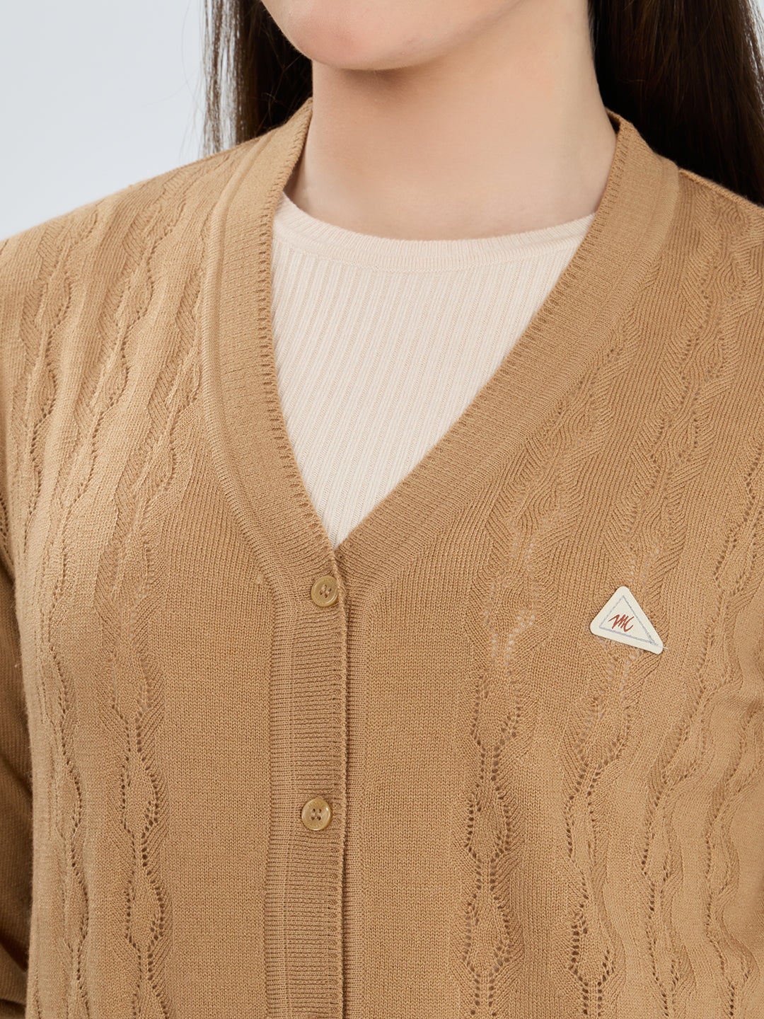 Women Camel Brown Self Design V Neck Full Sleeve Cardigan