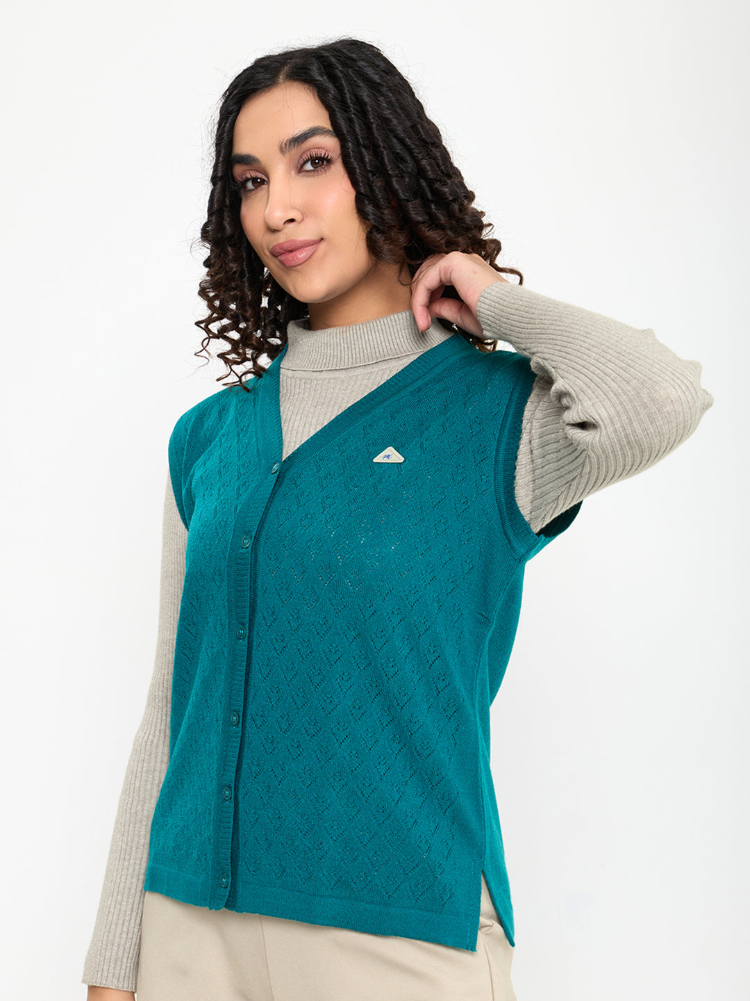 Women Teal Blue Self Design V Neck Sleeveless Cardigan