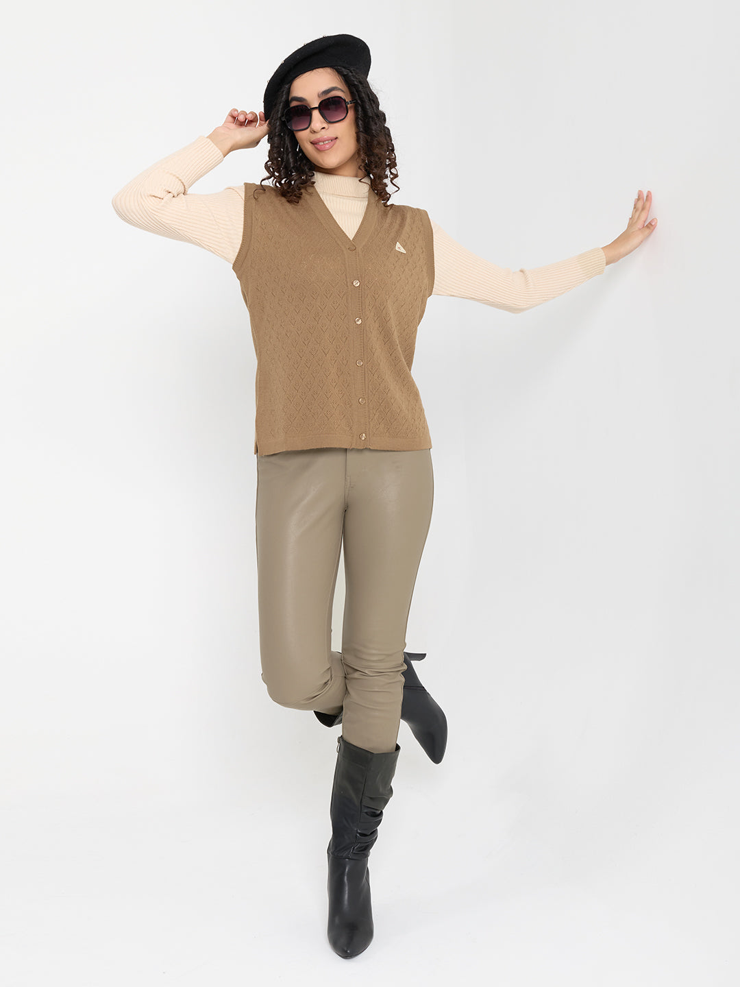Women Camel Brown Self Design V Neck Sleeveless Cardigan