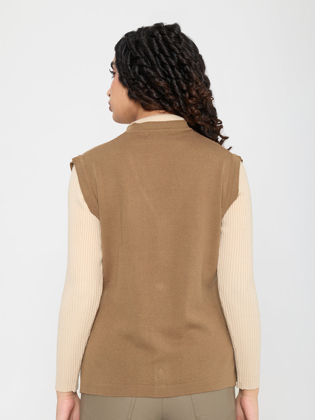 Women Camel Brown Self Design V Neck Sleeveless Cardigan