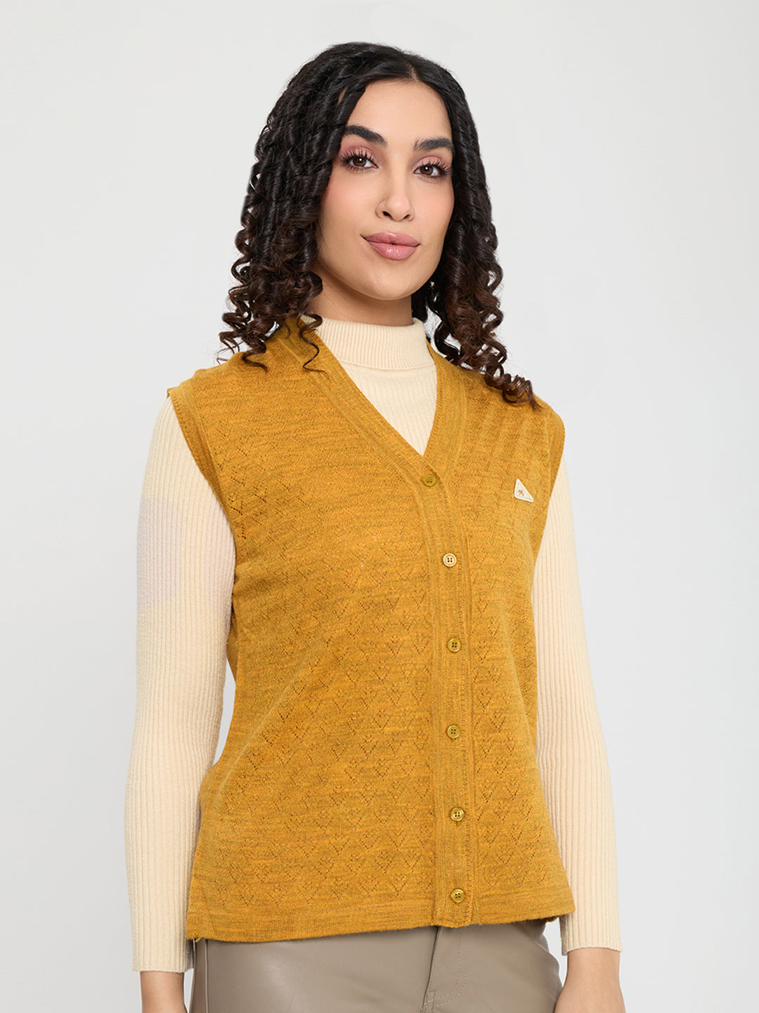 Women Mustard Self Design V Neck Sleeveless Cardigan
