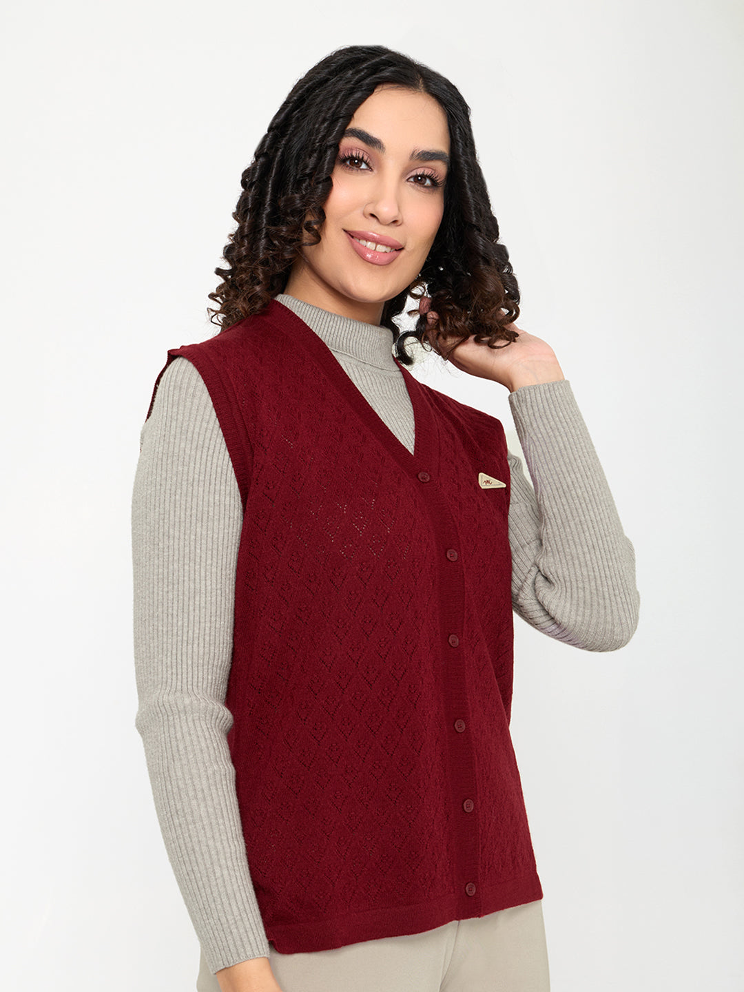 Women Maroon Self Design V Neck Sleeveless Cardigan