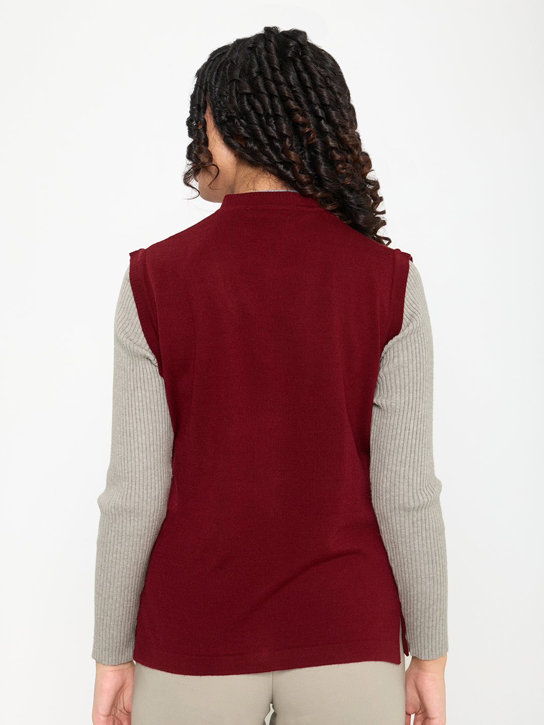 Women Maroon Self Design V Neck Sleeveless Cardigan