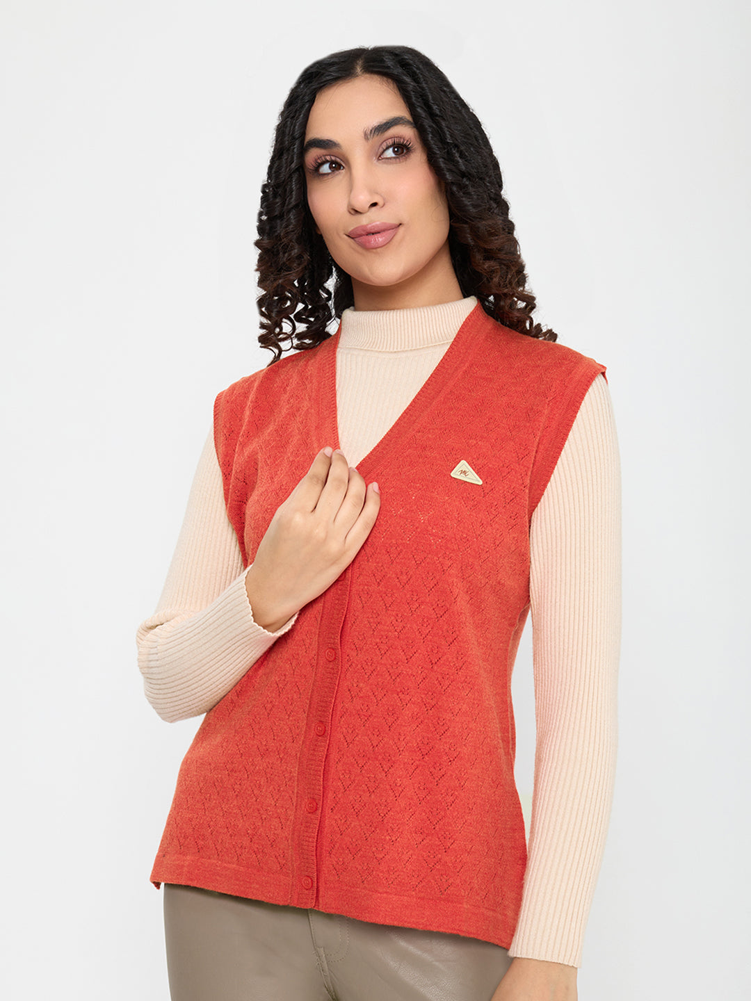 Women Coral Self Design V Neck Sleeveless Cardigan