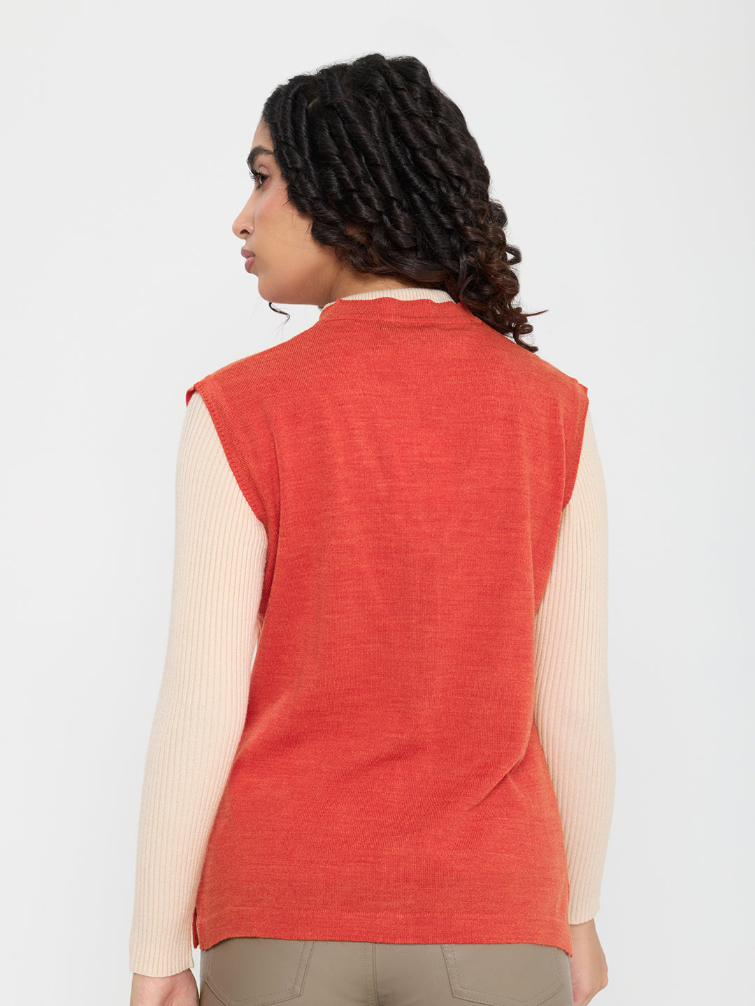 Women Coral Self Design V Neck Sleeveless Cardigan