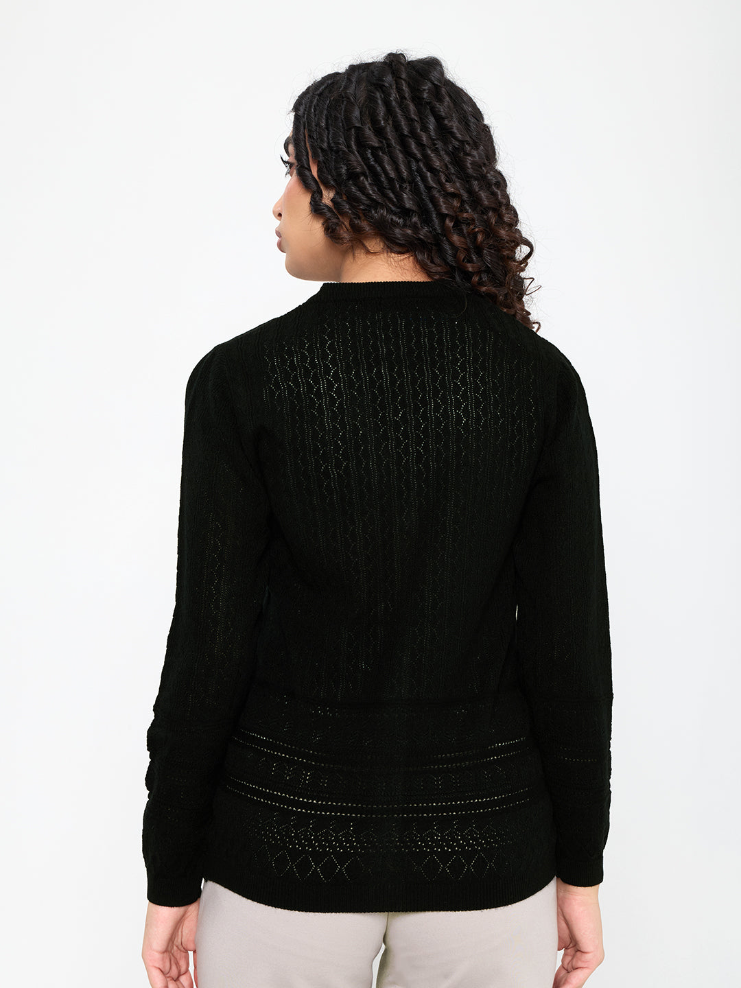 Women Black Self Design V Neck Full Sleeve Cardigan