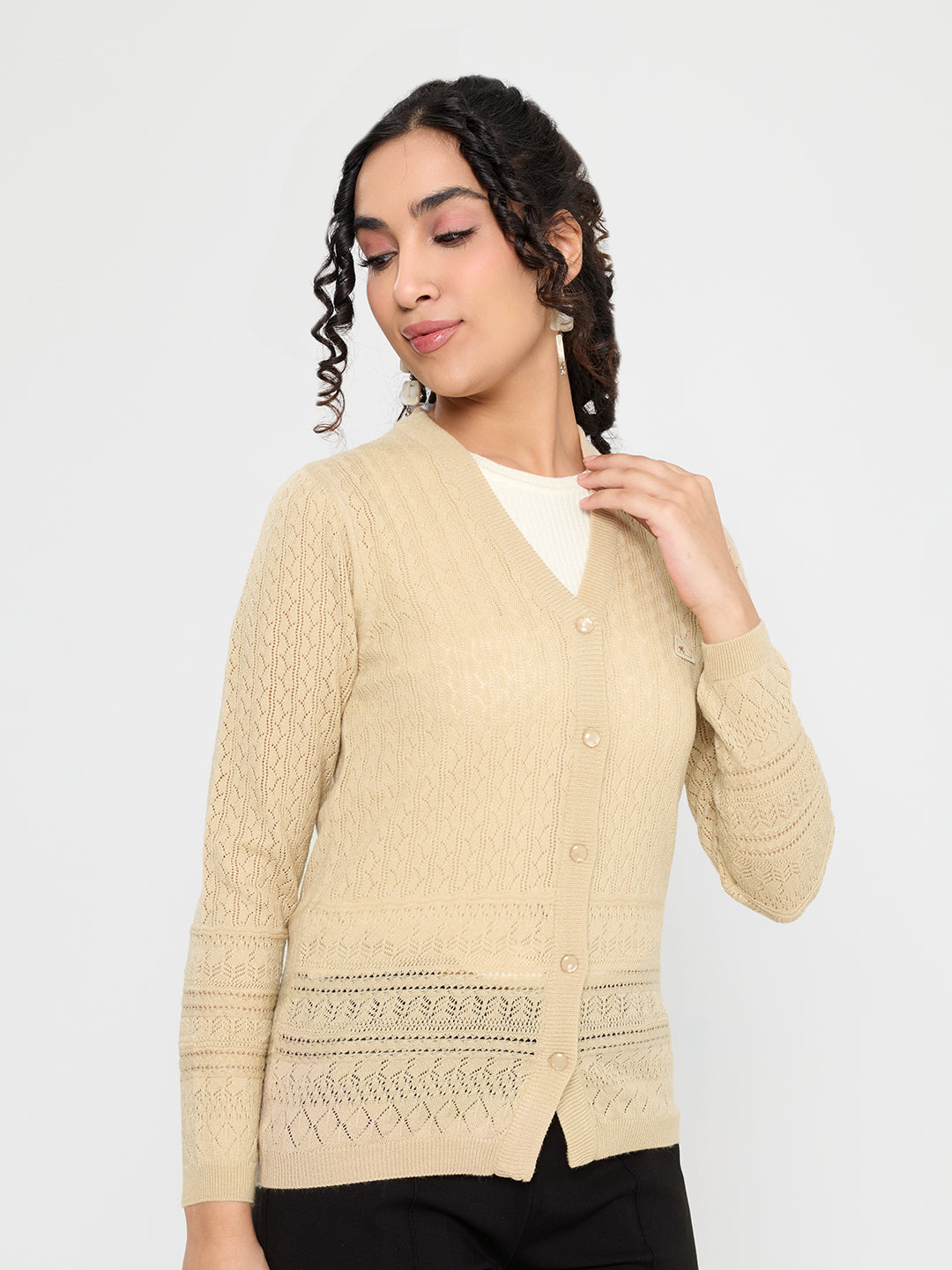 Women Beige Self Design V Neck Full Sleeve Cardigan