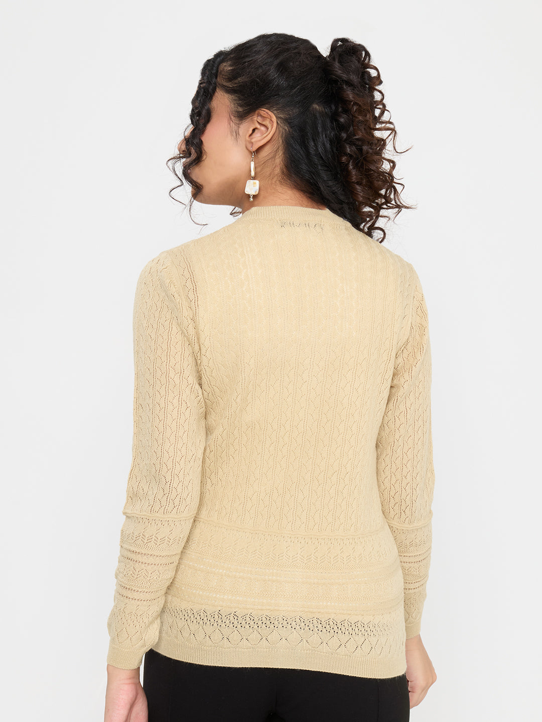 Women Beige Self Design V Neck Full Sleeve Cardigan
