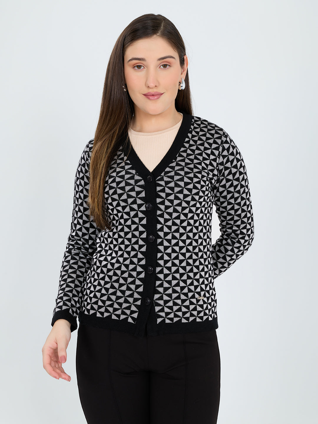 Women Black Geometric Block V Neck Full Sleeve Cardigan
