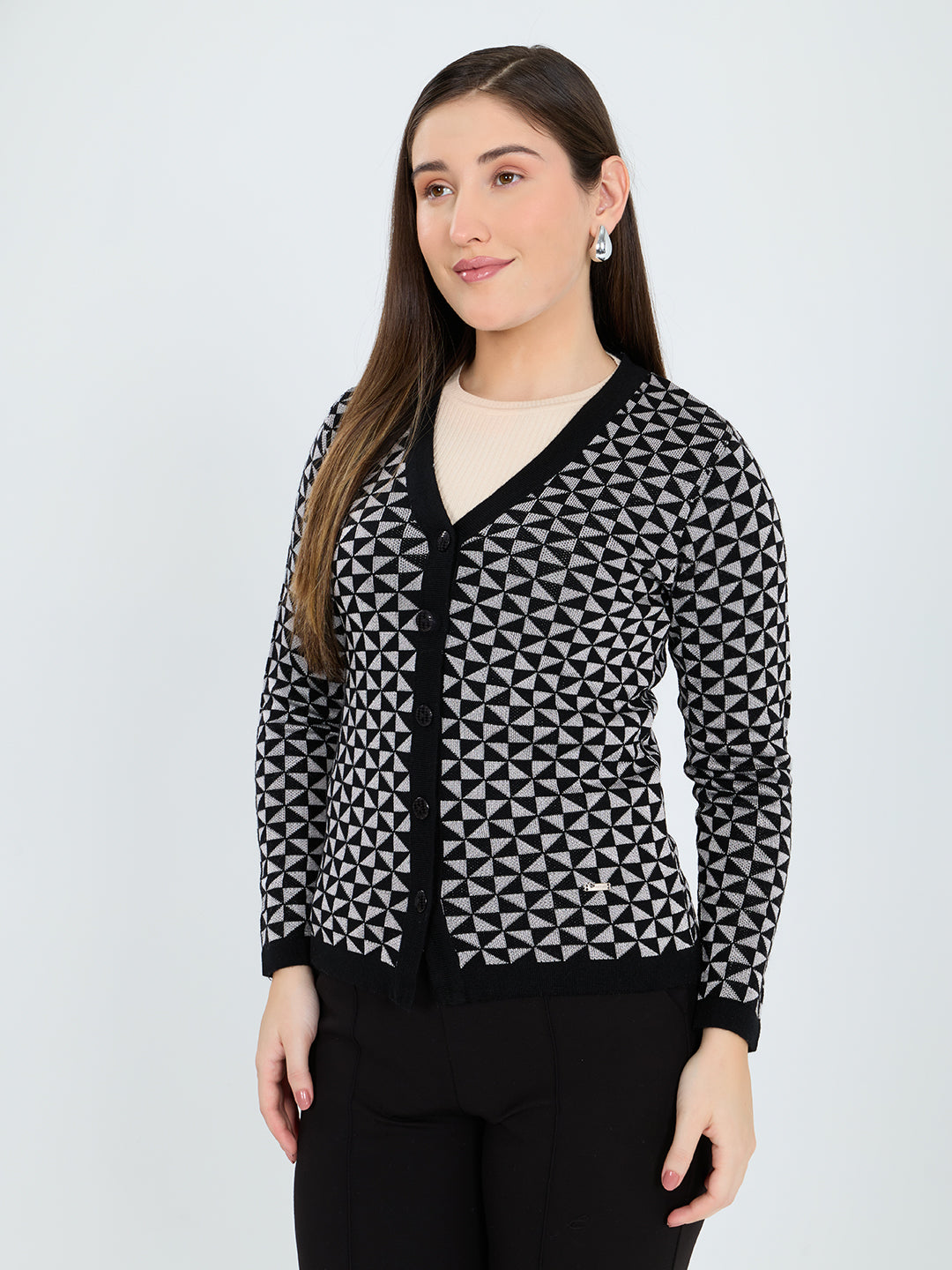 Women Black Geometric Block V Neck Full Sleeve Cardigan
