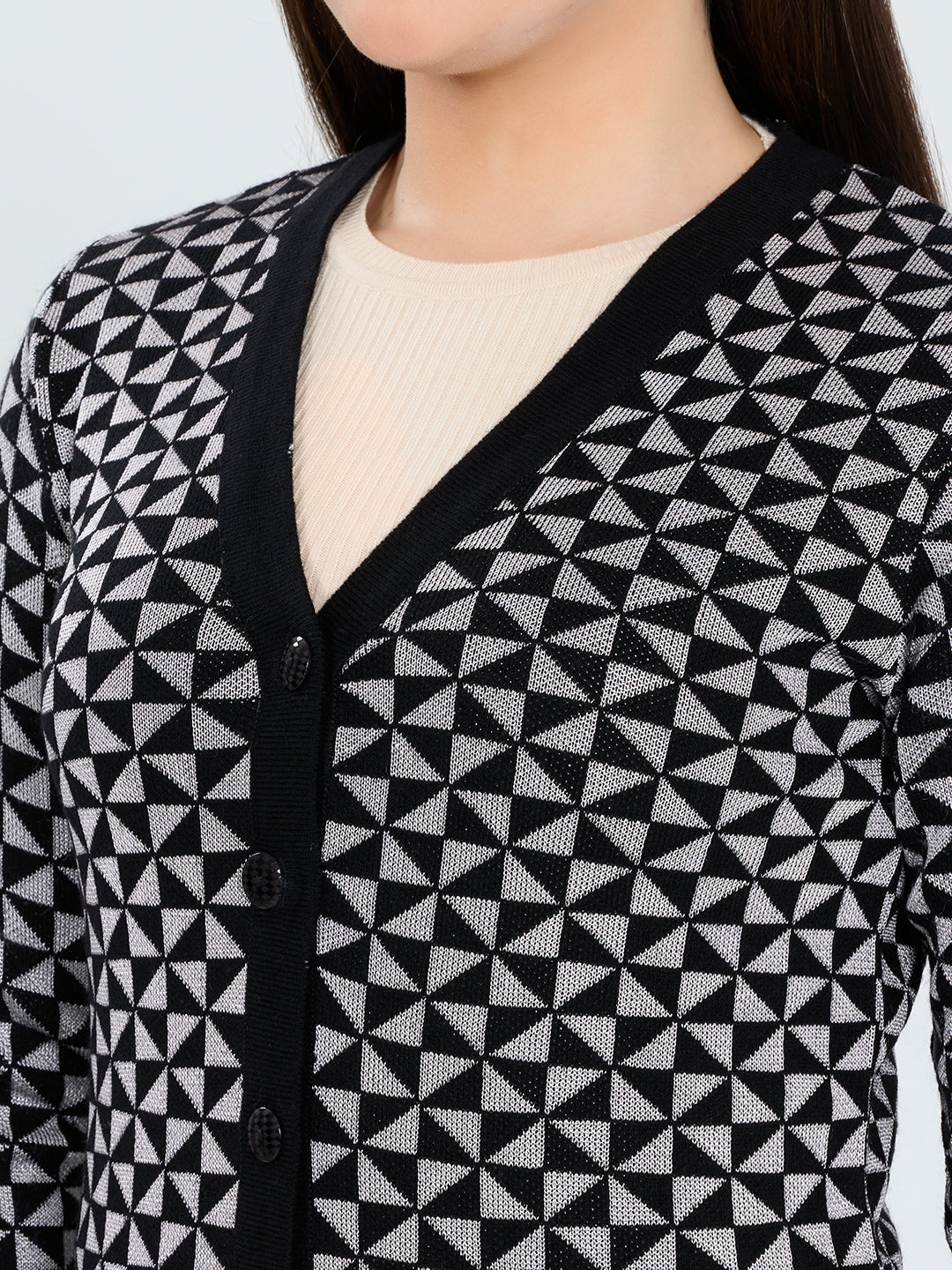 Women Black Geometric Block V Neck Full Sleeve Cardigan