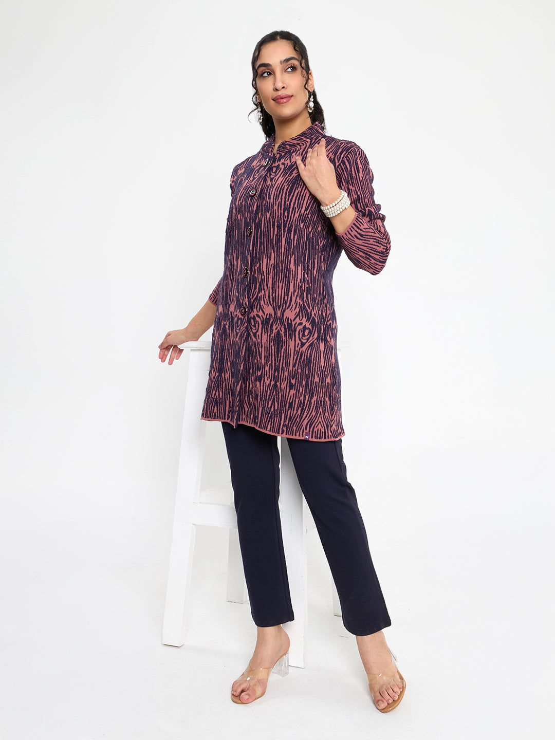 Women Purple Self Design Mandarin Collar Full Sleeve Knitted Coat