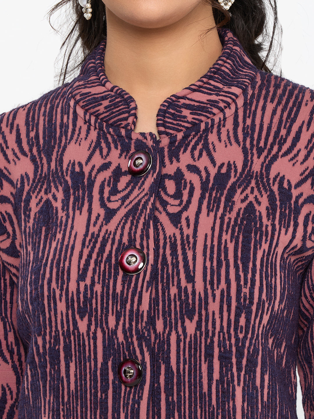 Women Purple Self Design Mandarin Collar Full Sleeve Knitted Coat