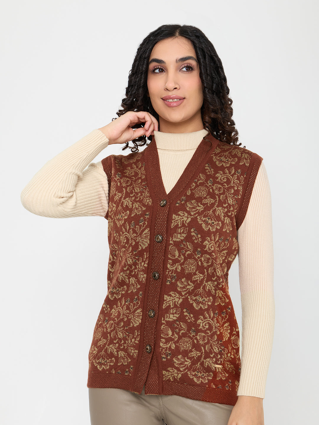 Women Rust Self Design V Neck Sleeveless Cardigan