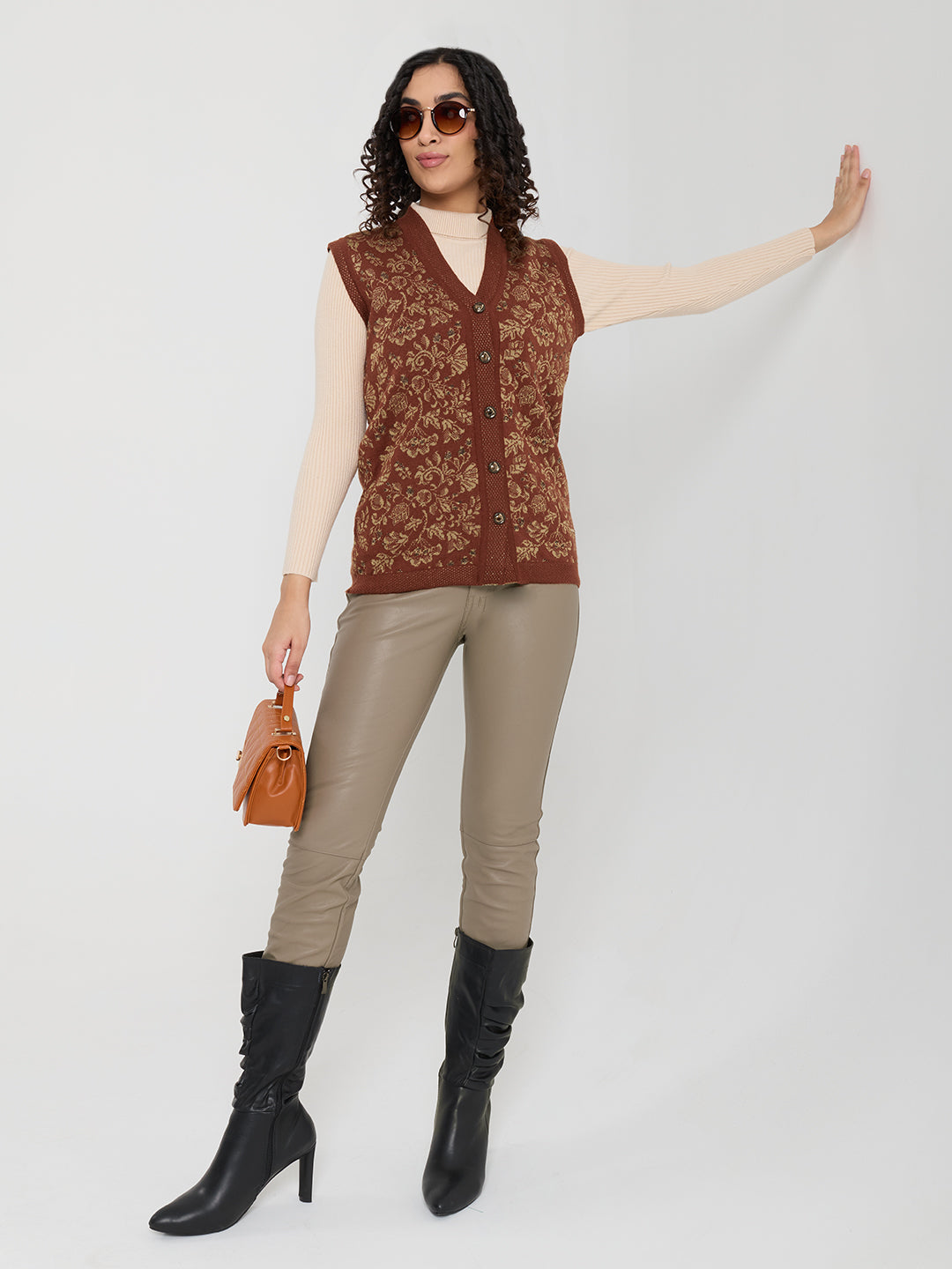 Women Rust Self Design V Neck Sleeveless Cardigan
