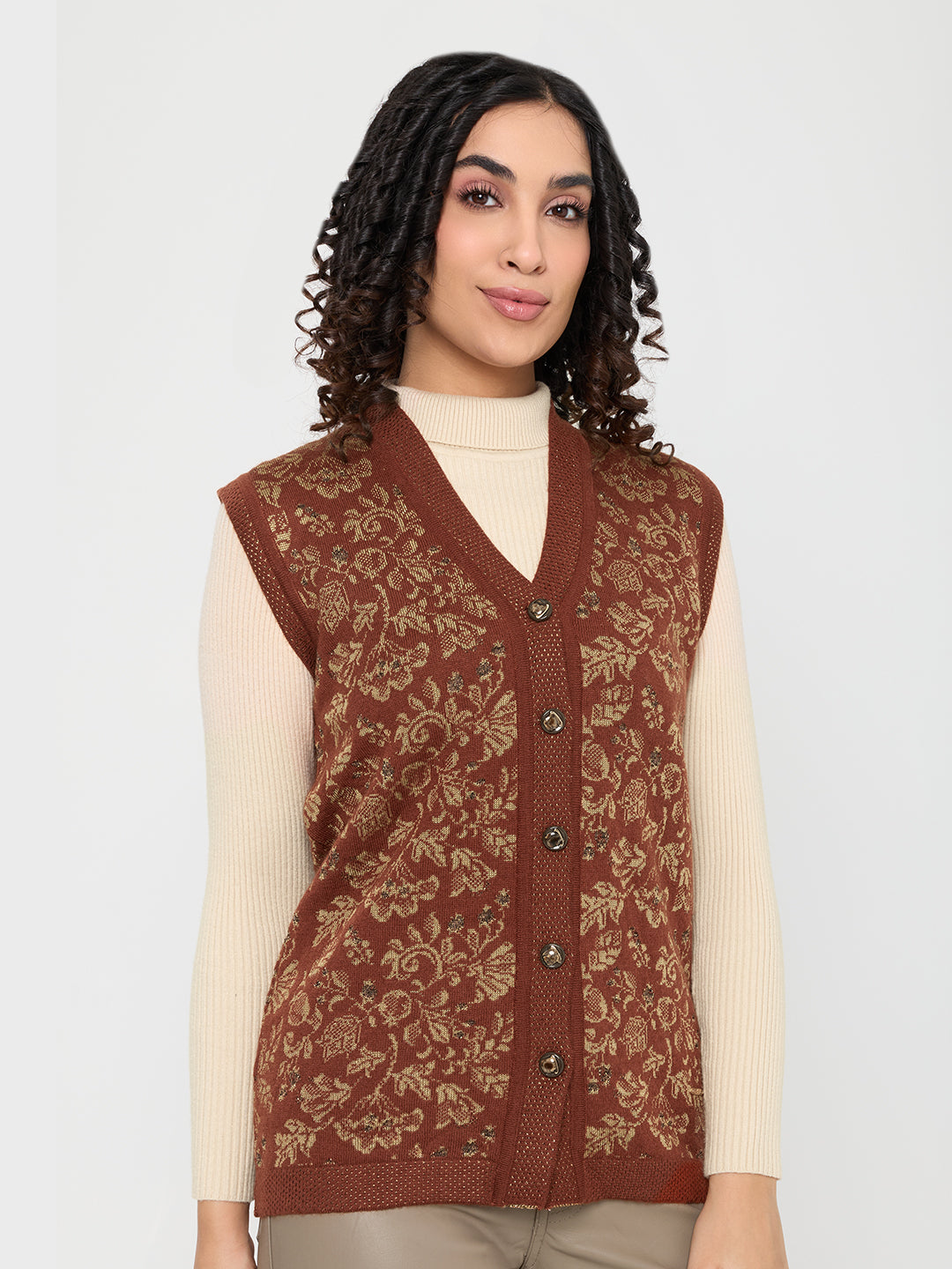 Women Rust Self Design V Neck Sleeveless Cardigan