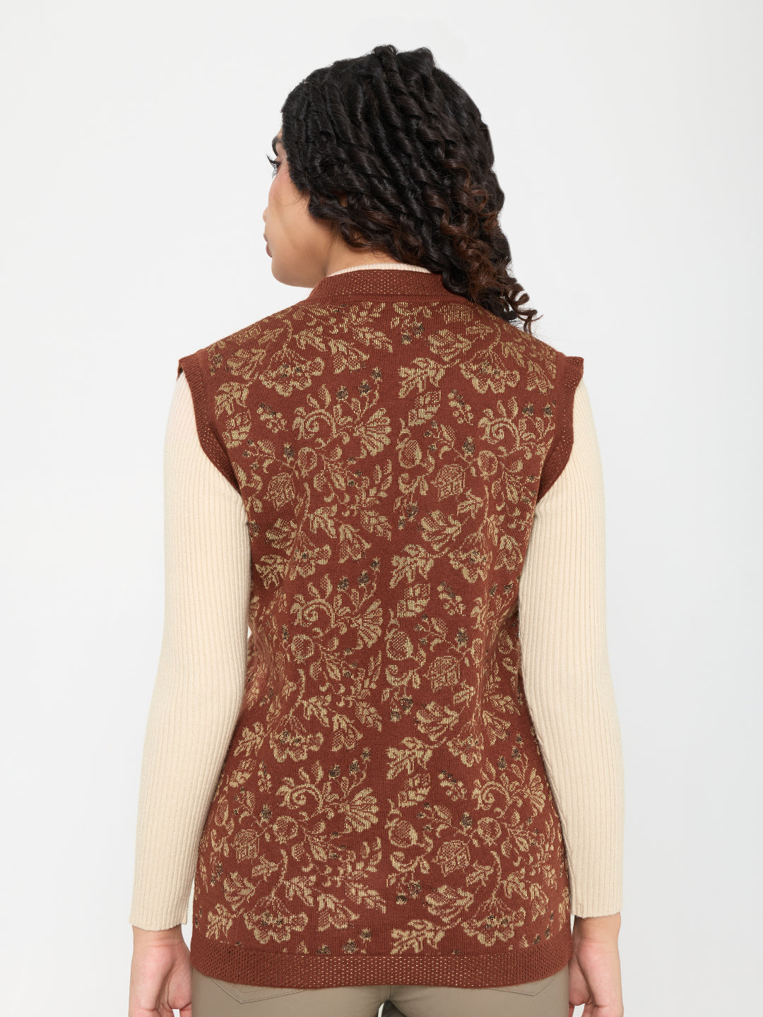 Women Rust Self Design V Neck Sleeveless Cardigan