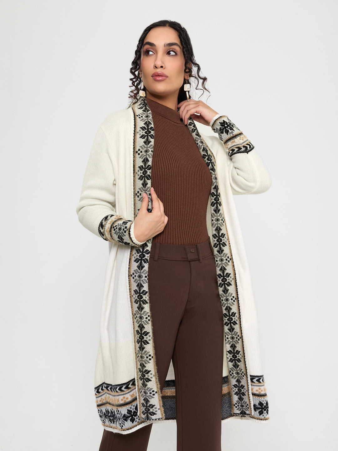Women White Self Design V Neck Full Sleeve Cardigan