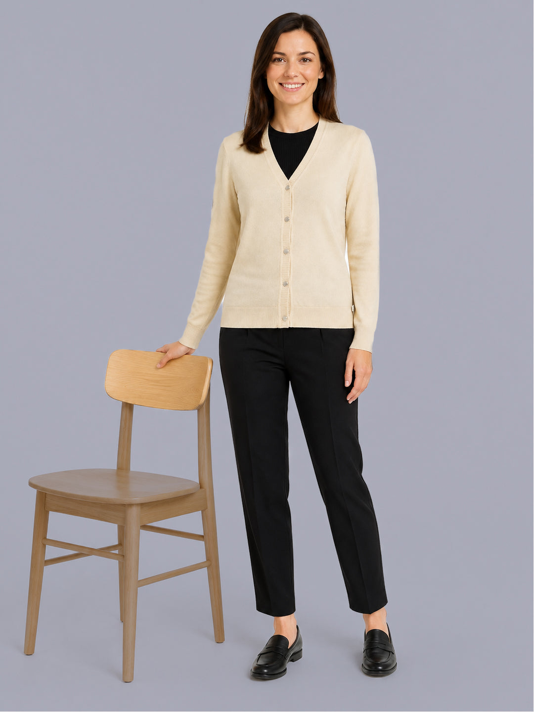 Women Beige Solid V Neck Full Sleeve Cardigan