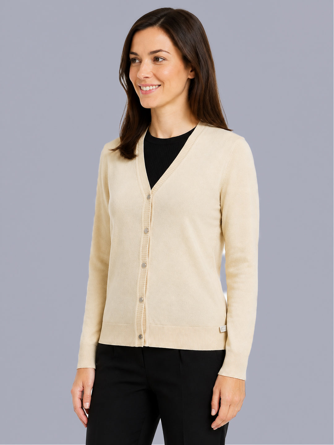 Women Beige Solid V Neck Full Sleeve Cardigan