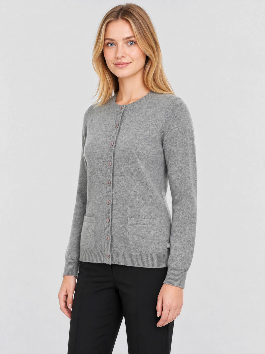 Women Grey Solid V Neck Full Sleeve Cardigan