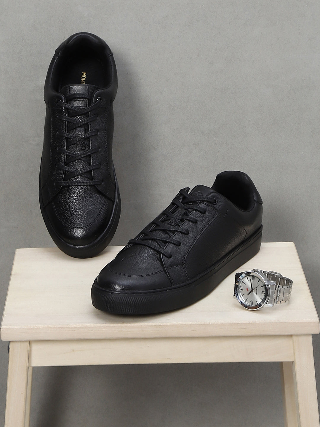 Buy Men Black Lace Up Genuine Leather Casual Sneakers Online in