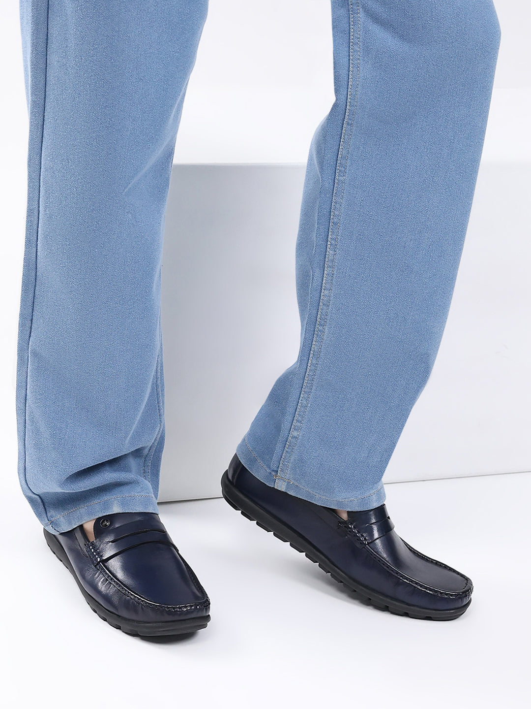 Men Navy Blue Slip on Leather Loafers