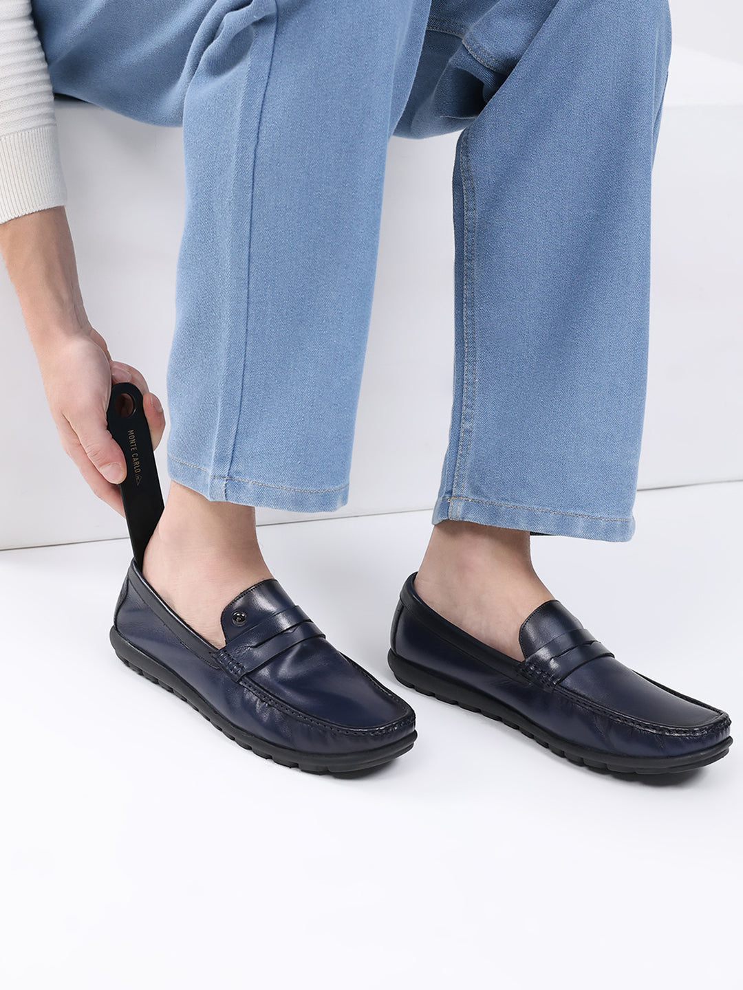Men Navy Blue Slip on Leather Loafers