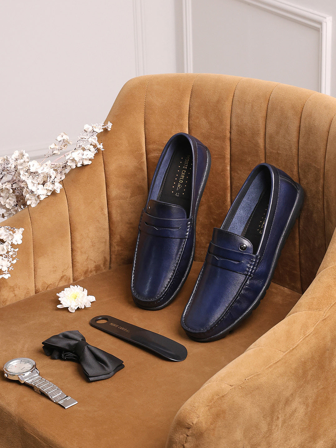 Men Navy Blue Slip on Leather Loafers