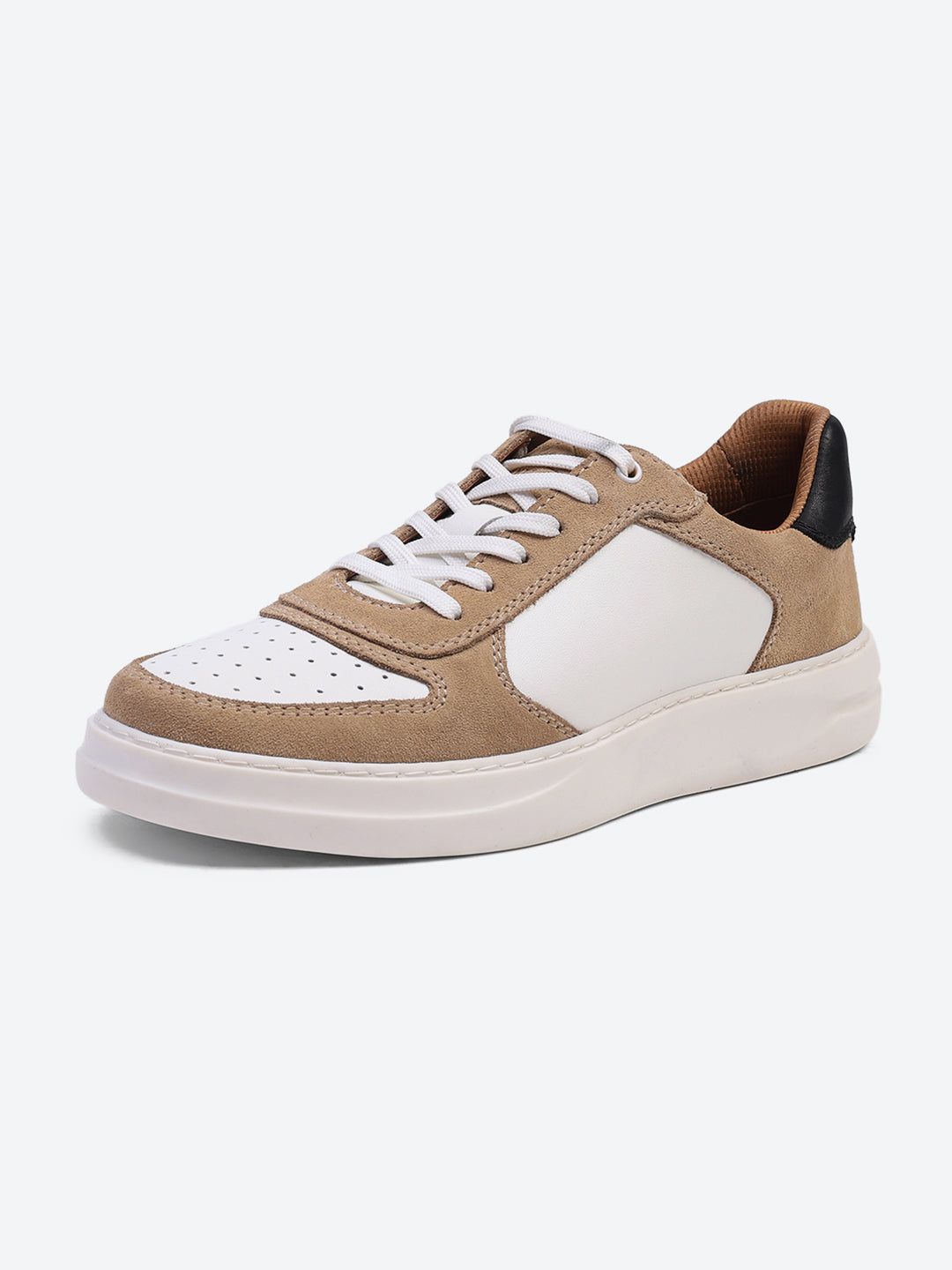 Men White & Beige Lace Up Genuine Leather Casual Sneakers
