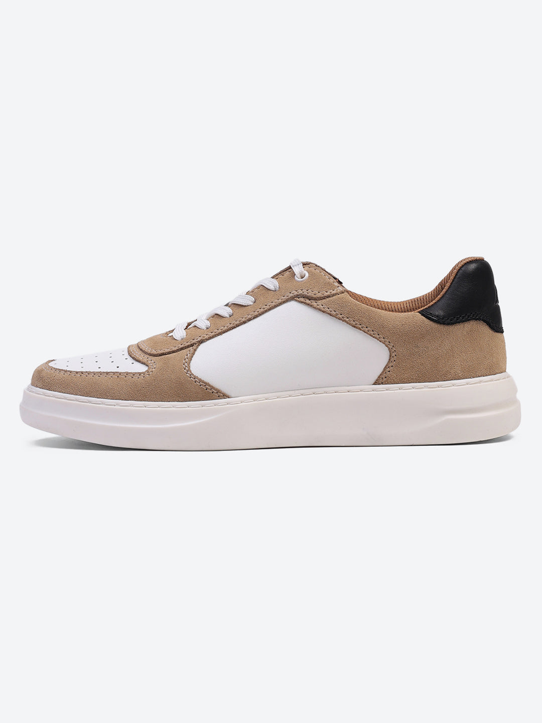 Men White & Beige Lace Up Genuine Leather Casual Sneakers