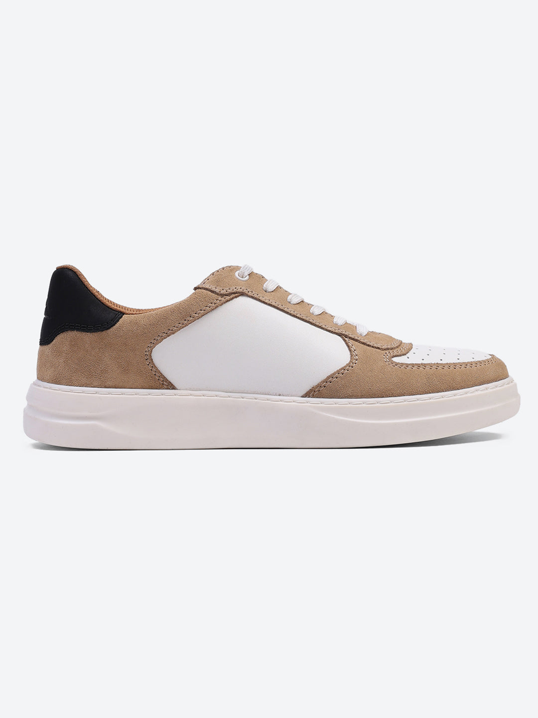 Men White & Beige Lace Up Genuine Leather Casual Sneakers