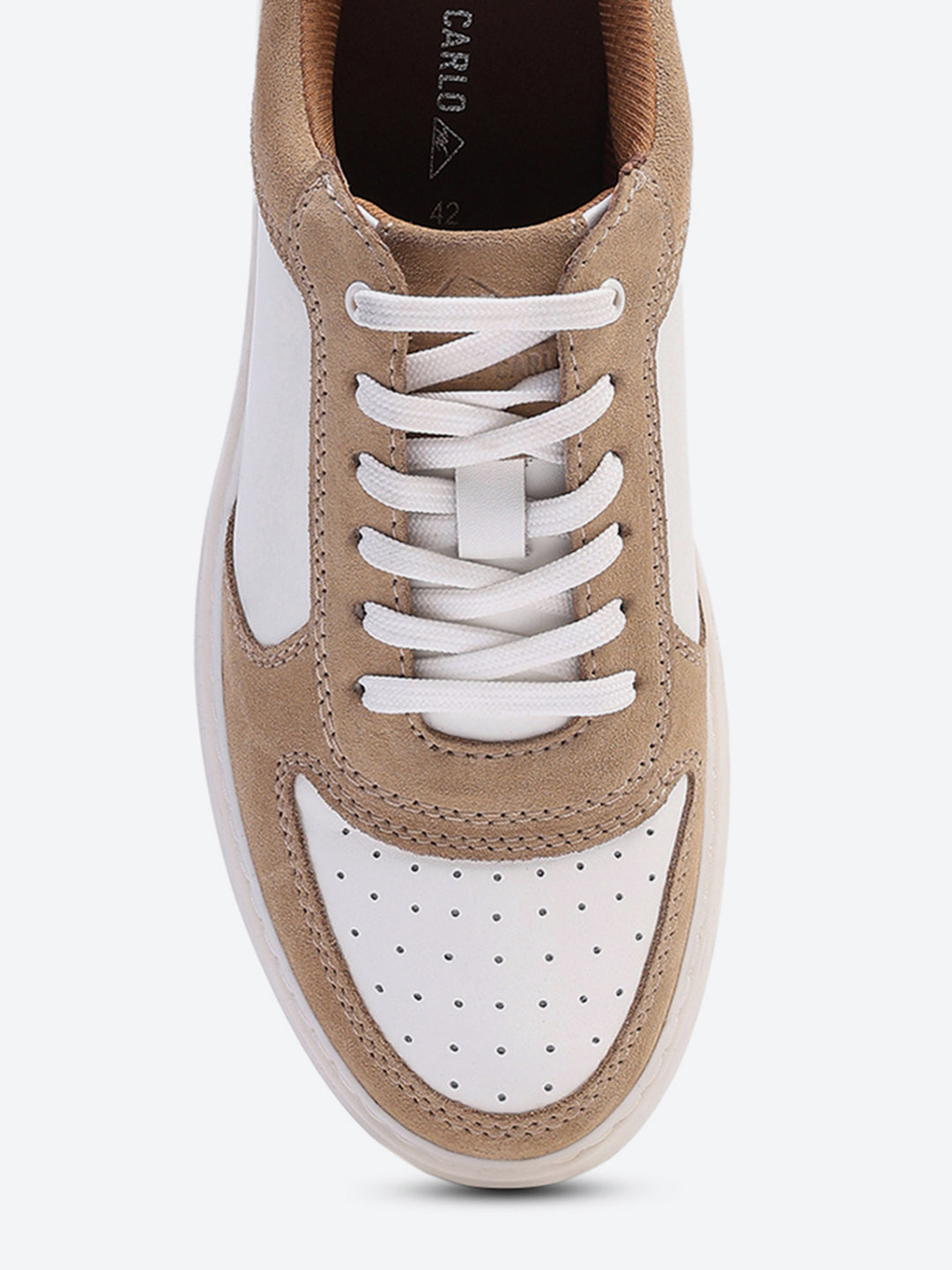 Men White & Beige Lace Up Genuine Leather Casual Sneakers