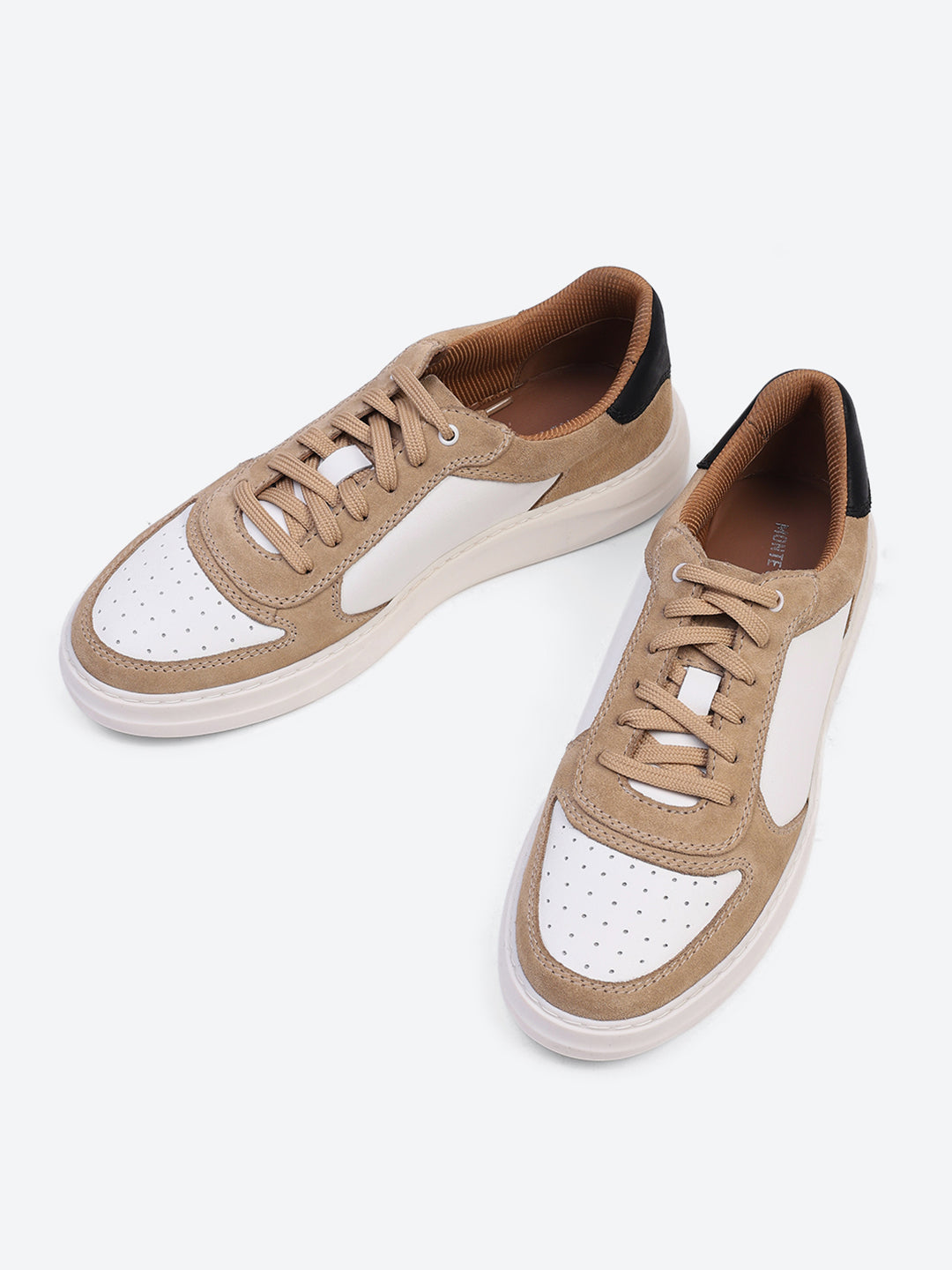 Men White & Beige Lace Up Genuine Leather Casual Sneakers