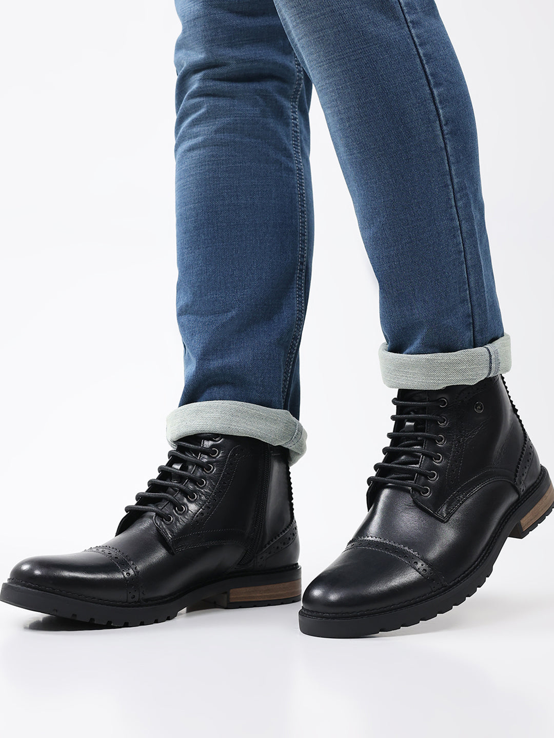 Men Black Genuine Leather Lace Up Boots